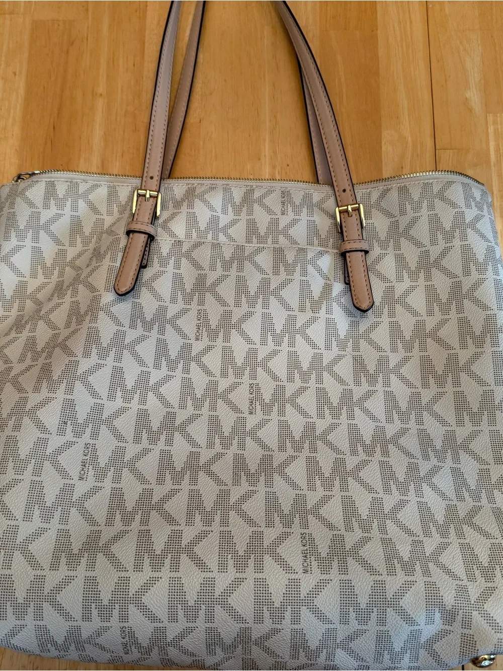 Michael Kors Light Beige Signature MK Tote with Gold Charm